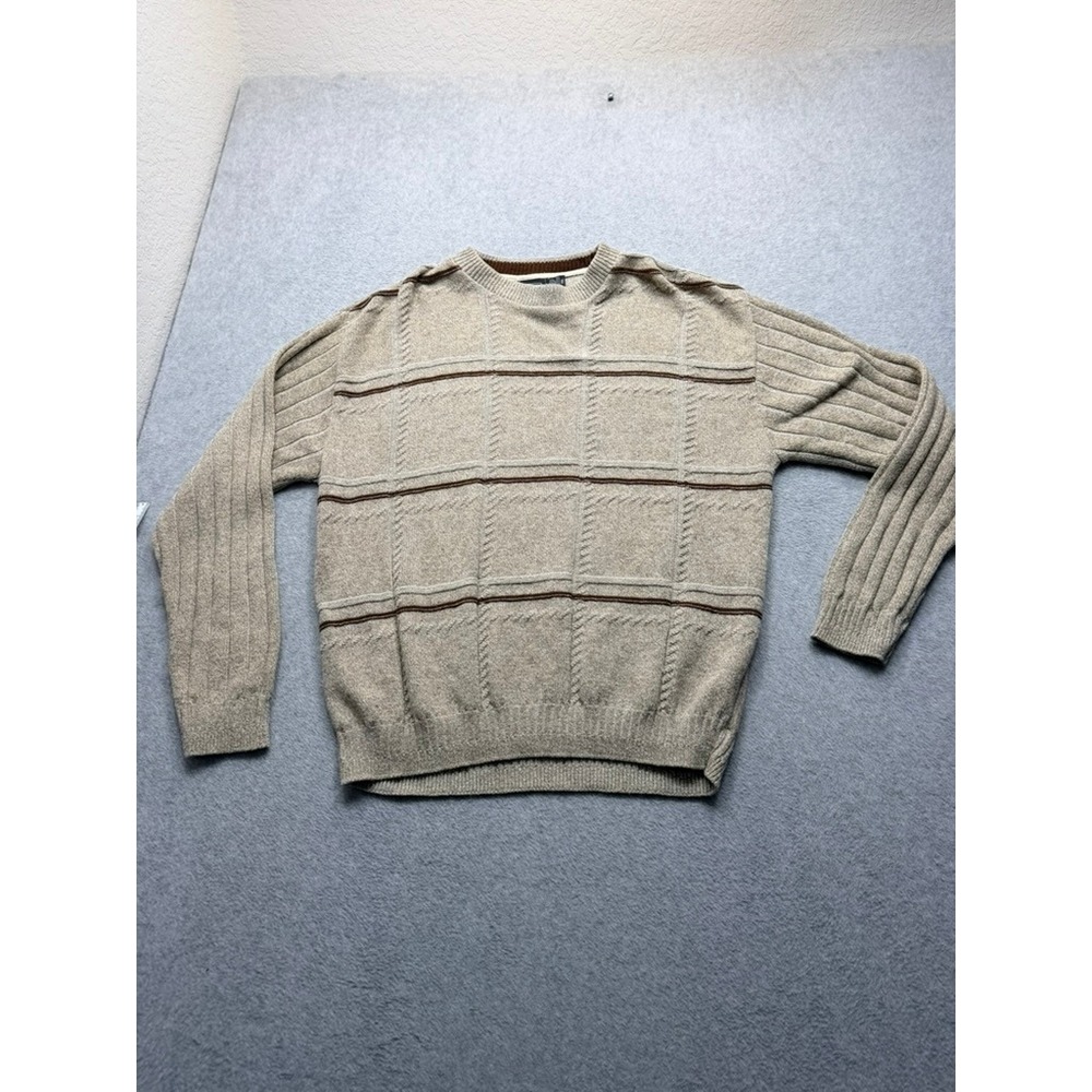 Haggar Mens Beige Textured Striped Crewneck Sweater Large Oatmeal Pullover